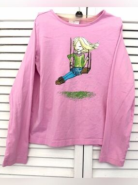 Hanna Andersson Pink Long-Sleeve Tee with Swinging Girl Graphic size 12/ 150 cm